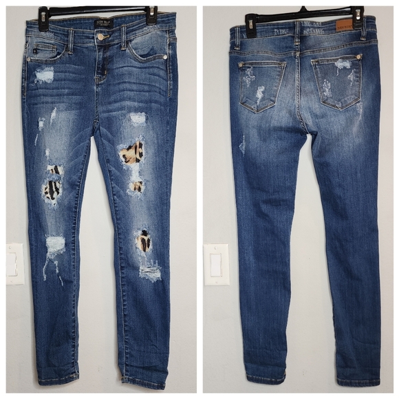 Judy Blue Stretch Denim Distressed Skinny Jeans Leopard Print Patch size 7/28 - Picture 4 of 16